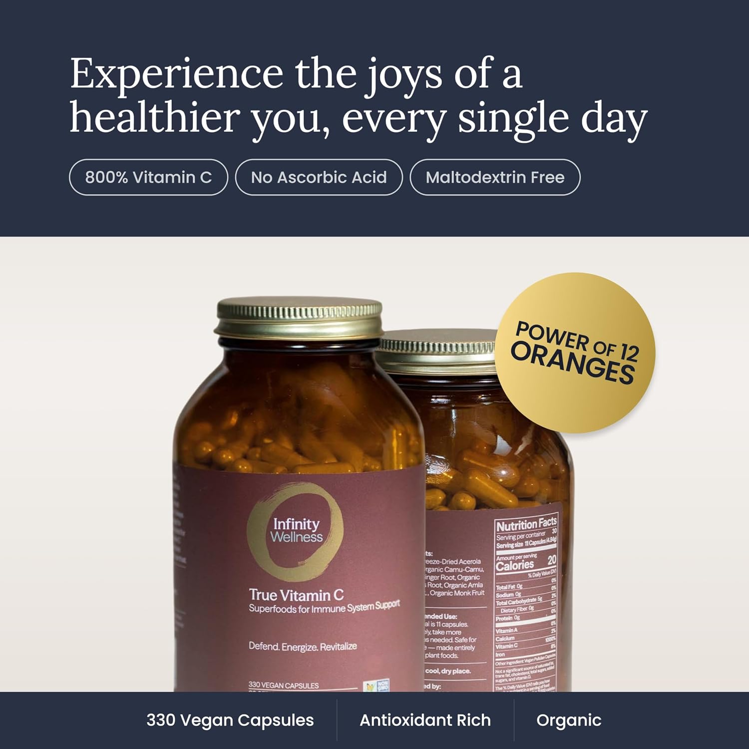 Infinity-C Cápsulas de Vitamina C Orgánica – 1000 mg de Acerola, Camu Camu y Amla con Jengibre, Astrágalo y Shilajit (30 dosis)