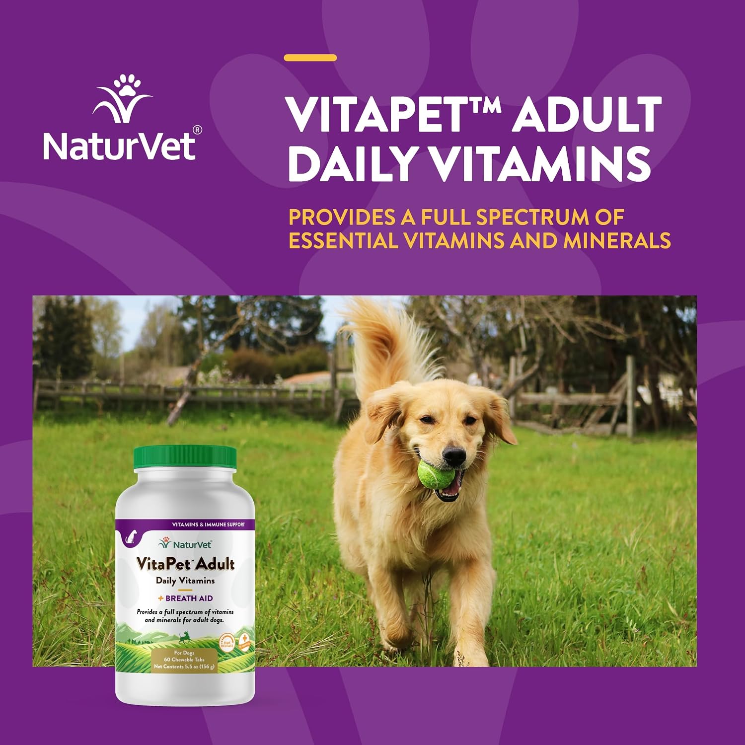 NaturVet VitaPet Adult Daily Vitamins for Dogs With Breath Aid – 60 Comprimidos Masticables