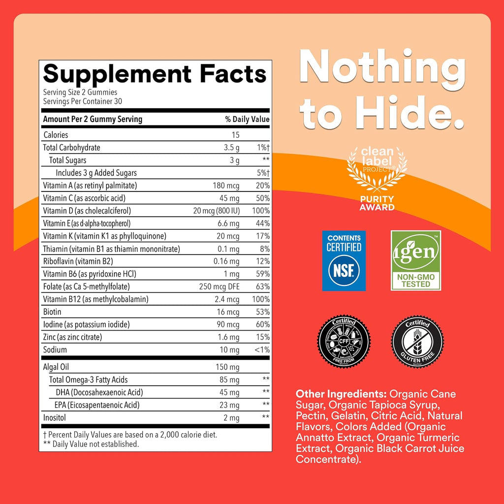 SmartyPants Kids Multivitamin Gummies con Omega 3 DHA/EPA, Vitaminas D3, C, B12, B6, A, K y Zinc, Sin Gluten, 60 Gomitas (30 Días)