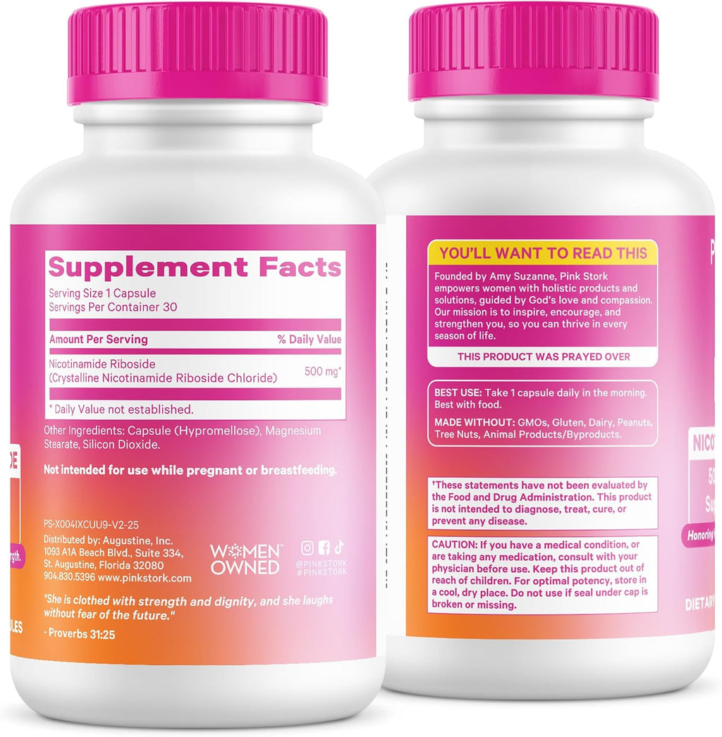 Pink Stork NAD+ Supplement for Women Over 30 | 500 mg Nicotinamide Riboside NR | 30 Cápsulas