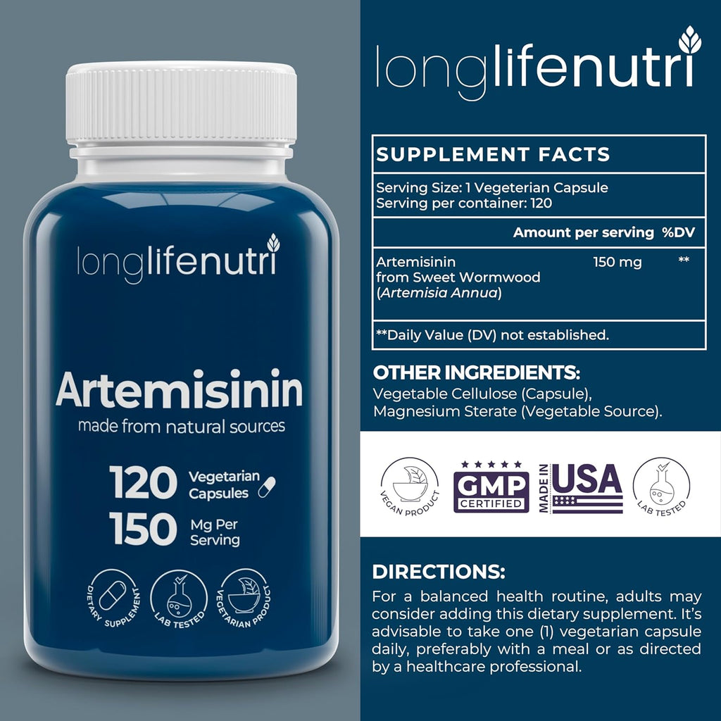 Artemisina 150mg - 120 Cápsulas Vegetales de Ajenjo Dulce Orgánico - LongLifeNutri
