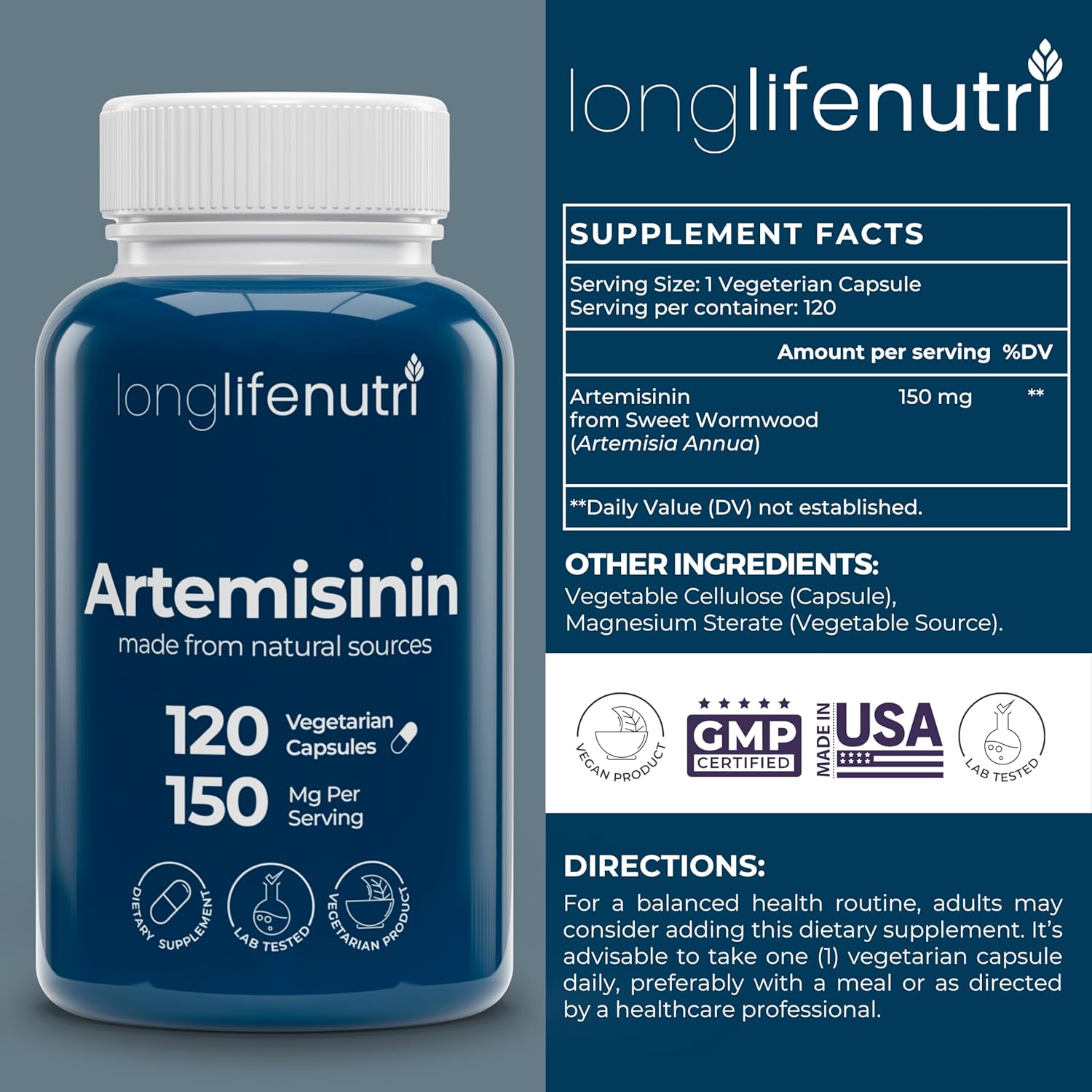 Artemisina 150mg - 120 Cápsulas Vegetales de Ajenjo Dulce Orgánico - LongLifeNutri