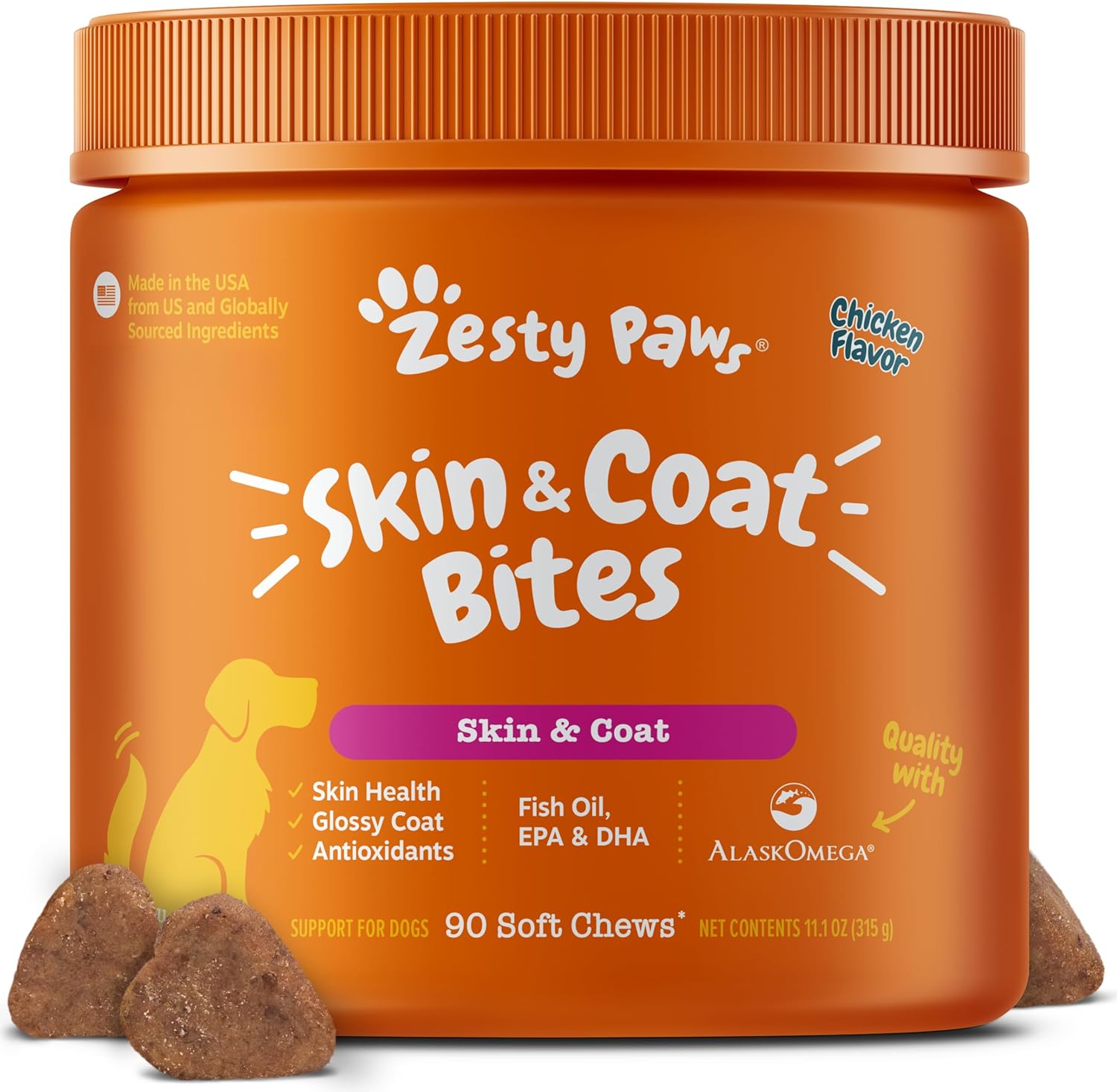 Zesty Paws Omega 3 Fish Oil for Dogs - Complemento para Perros con Sabor a Pollo (250 Chews)