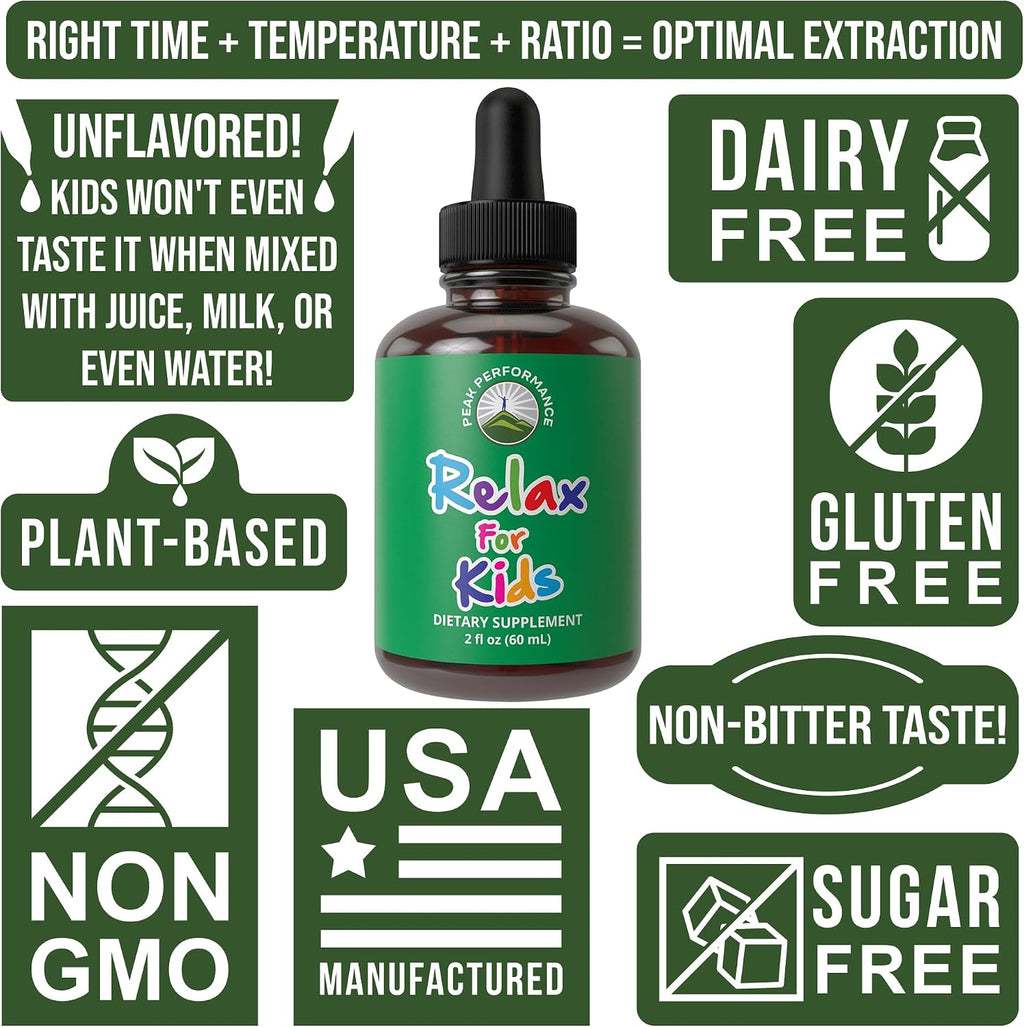 Peak Performance Kids Calm Gotas Calmantes para Niños - Ayuda para la Relajación y el Sueño - Sin Sabor, Sin Azúcar, Vegano con Magnesio y Manzanilla - 59 ml