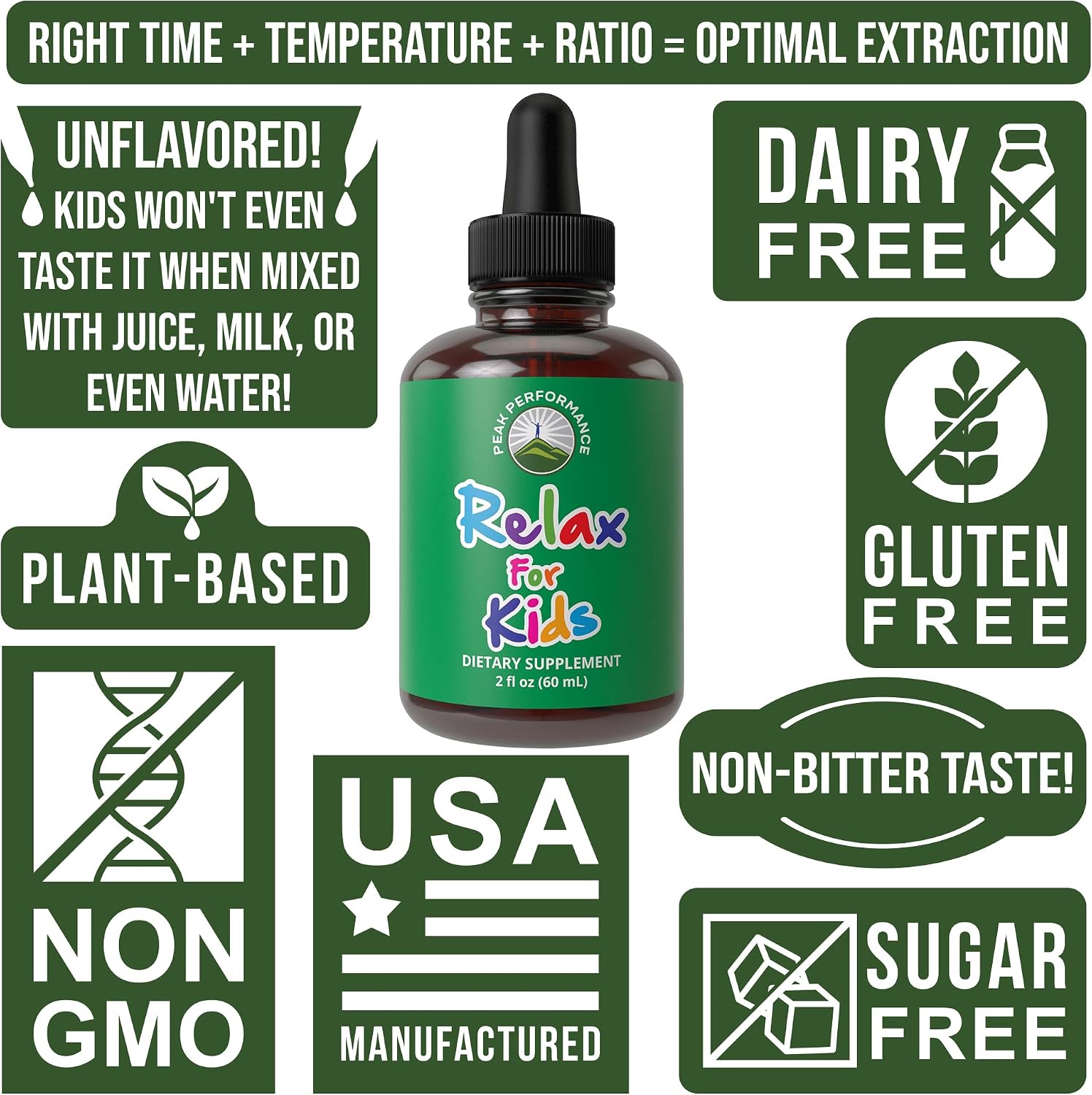 Peak Performance Kids Calm Gotas Calmantes para Niños - Ayuda para la Relajación y el Sueño - Sin Sabor, Sin Azúcar, Vegano con Magnesio y Manzanilla - 59 ml