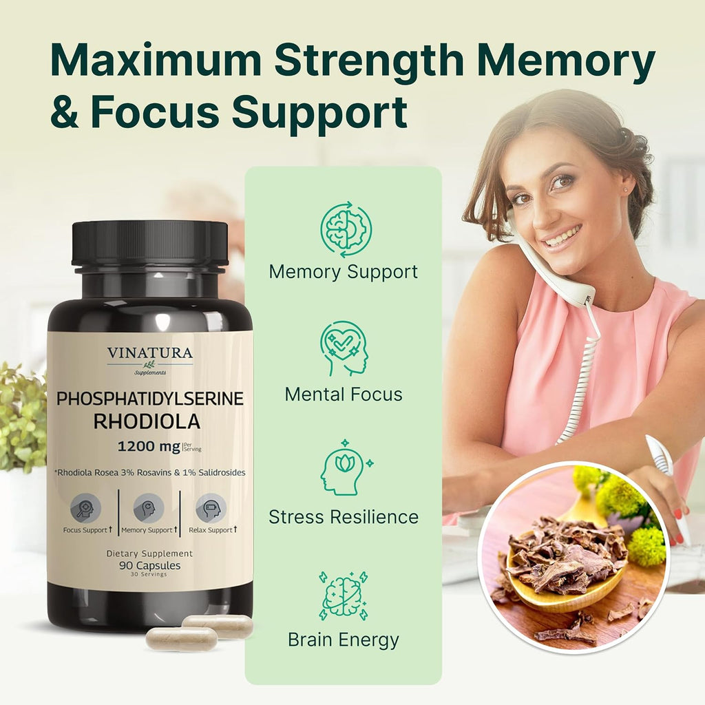 VINATURA Fosfatidilserina 1200 mg con Rhodiola Rosea - 90 Cápsulas (30 dosis)