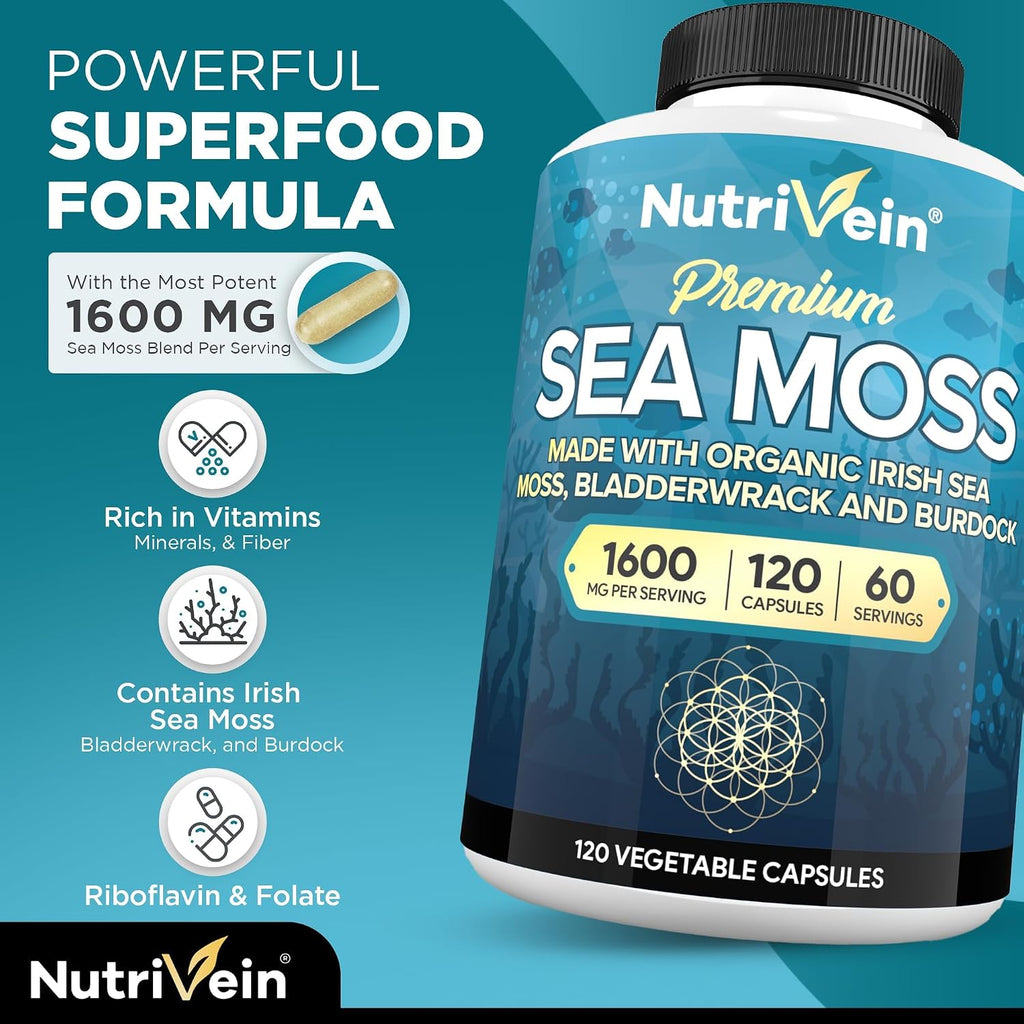 Nutrivein Musgo Marino Orgánico 1600mg con Bladderwrack y Bardana - 120 Cápsulas Veganas