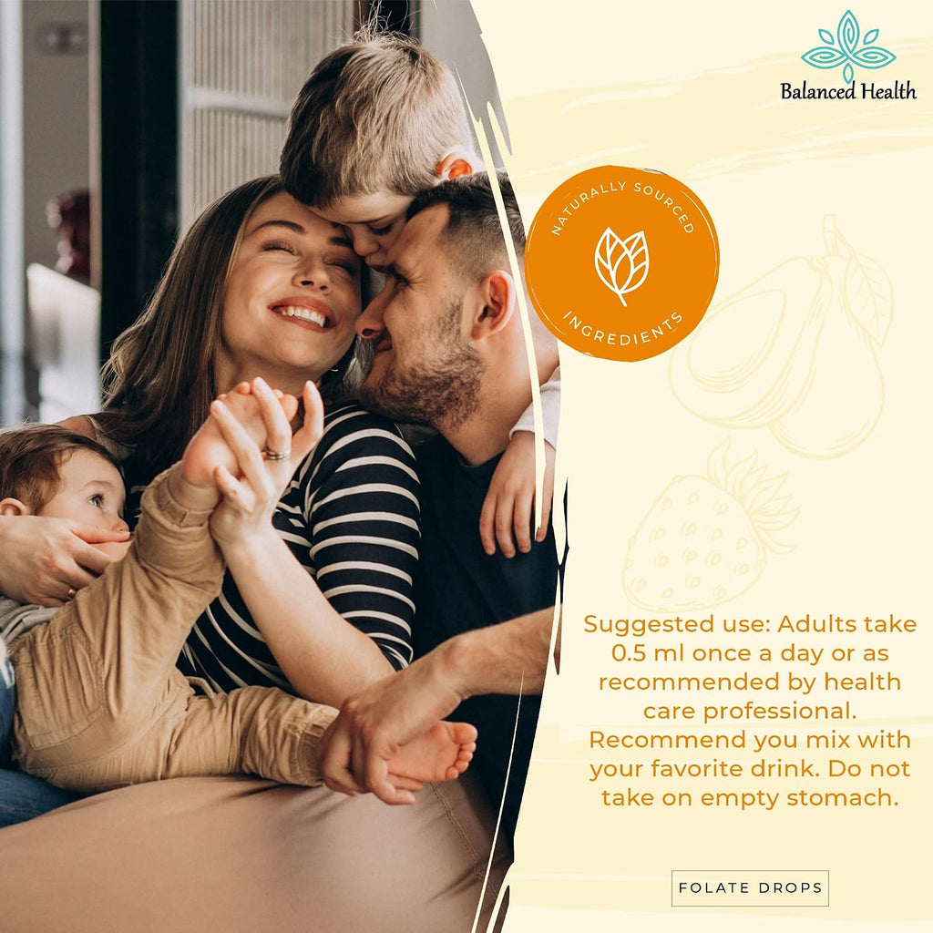 Balanced Health Folate Drops - 120 Servicios, 60ml, Sabor Butterscotch, 500mcg L-5-MTHF (Metilfolato)