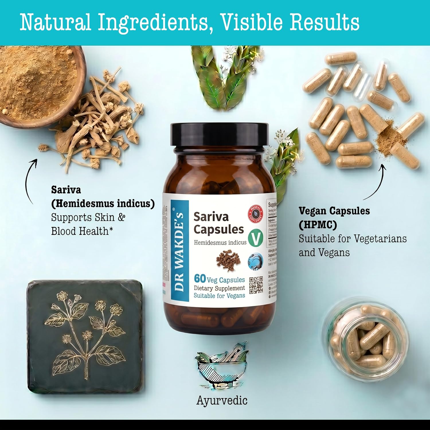DR WAKDE'S Sariva (Hemidesmus indicus) 60 Cápsulas Veganas - Suplemento Ayurvédico 100% Natural
