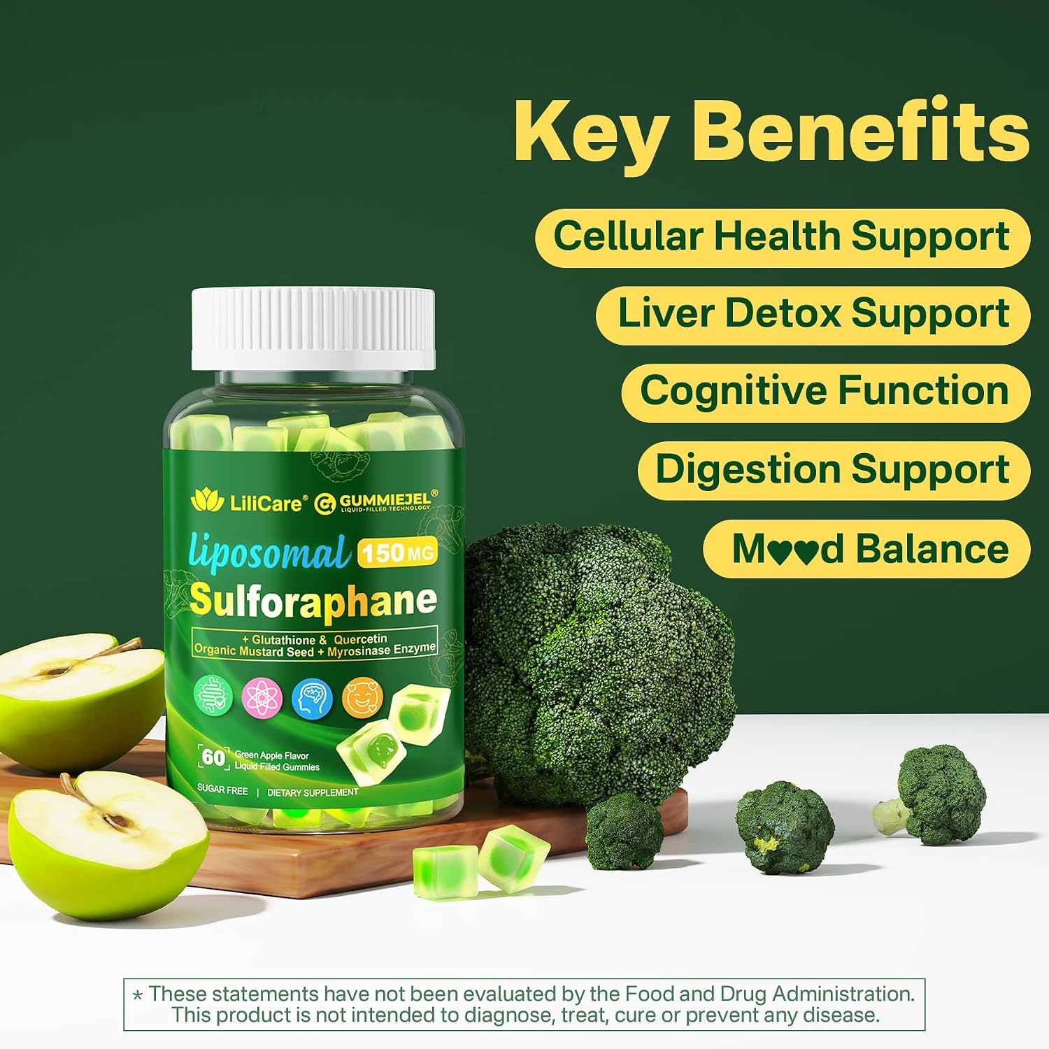 Suplemento de Sulforafano Liposomal 150mg - Gominolas con Extracto de Brócoli, Quercetina y Glutatión - 120 unidades