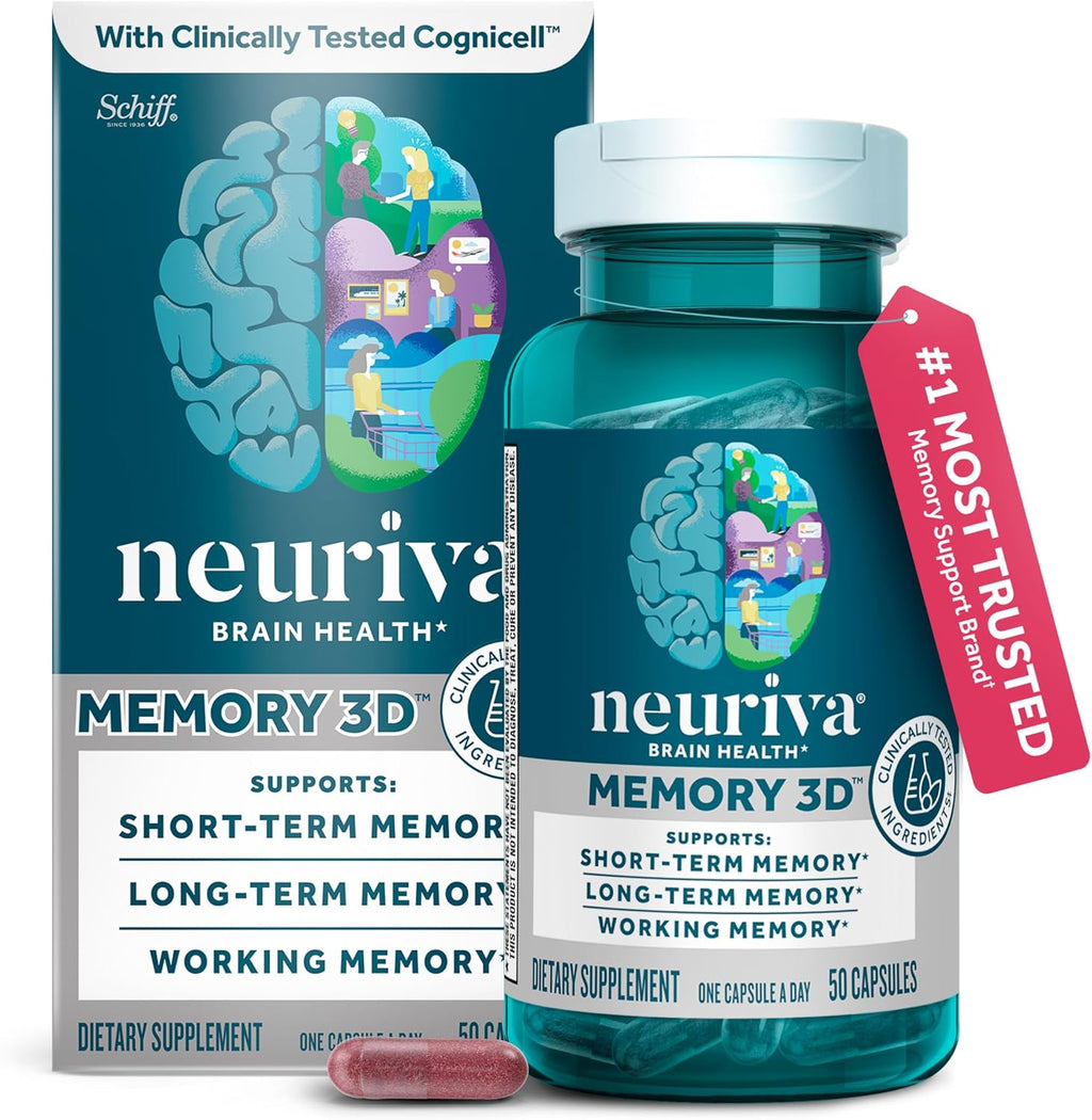 NEURIVA Memory 3D - Suplemento para Memoria y Concentración con Vitaminas B12, B6 y Ácido Fólico, 50 Cápsulas