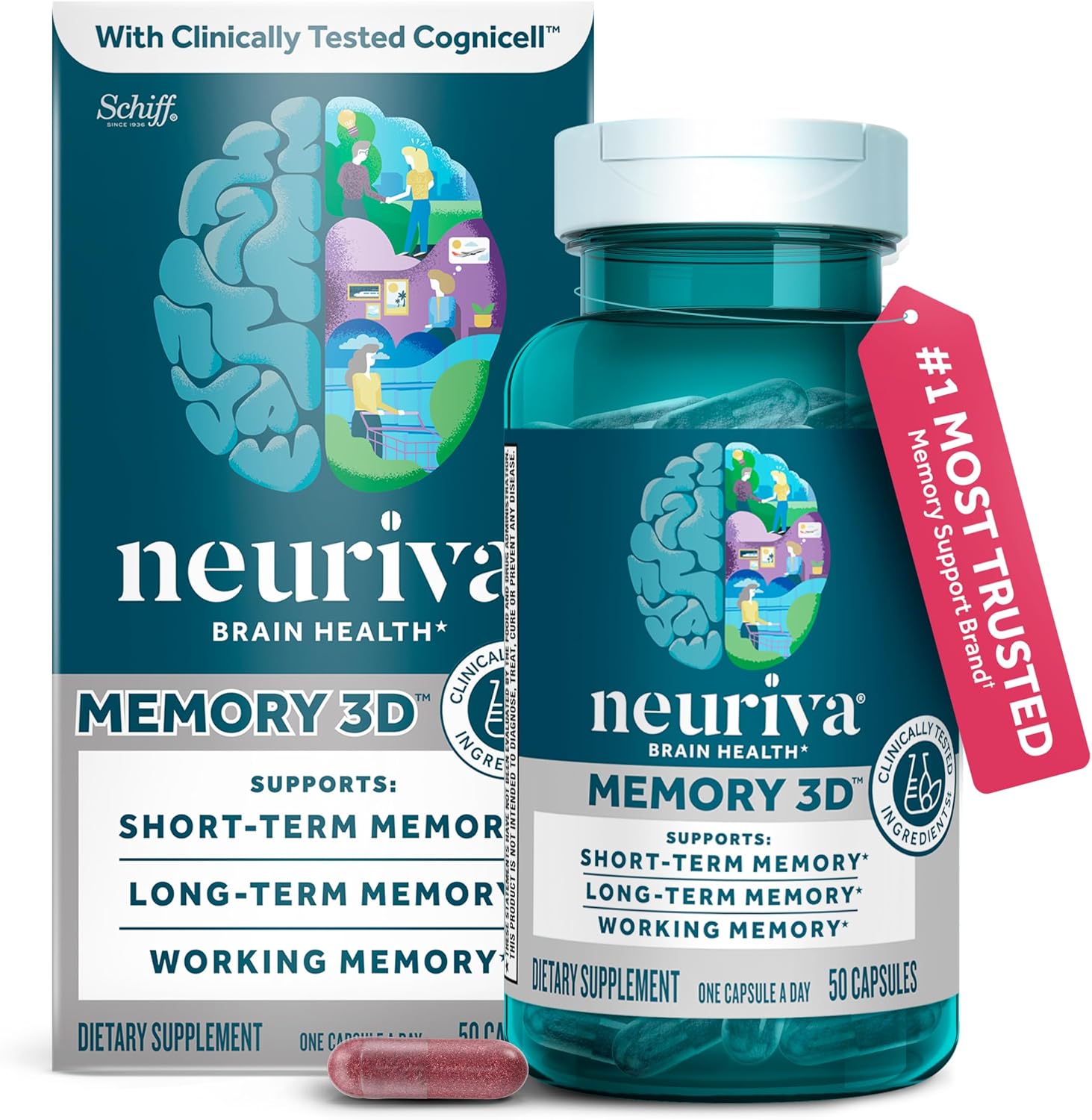 NEURIVA Memory 3D - Suplemento para la Memoria y Concentración - 50 Cápsulas (Paquete de 2)