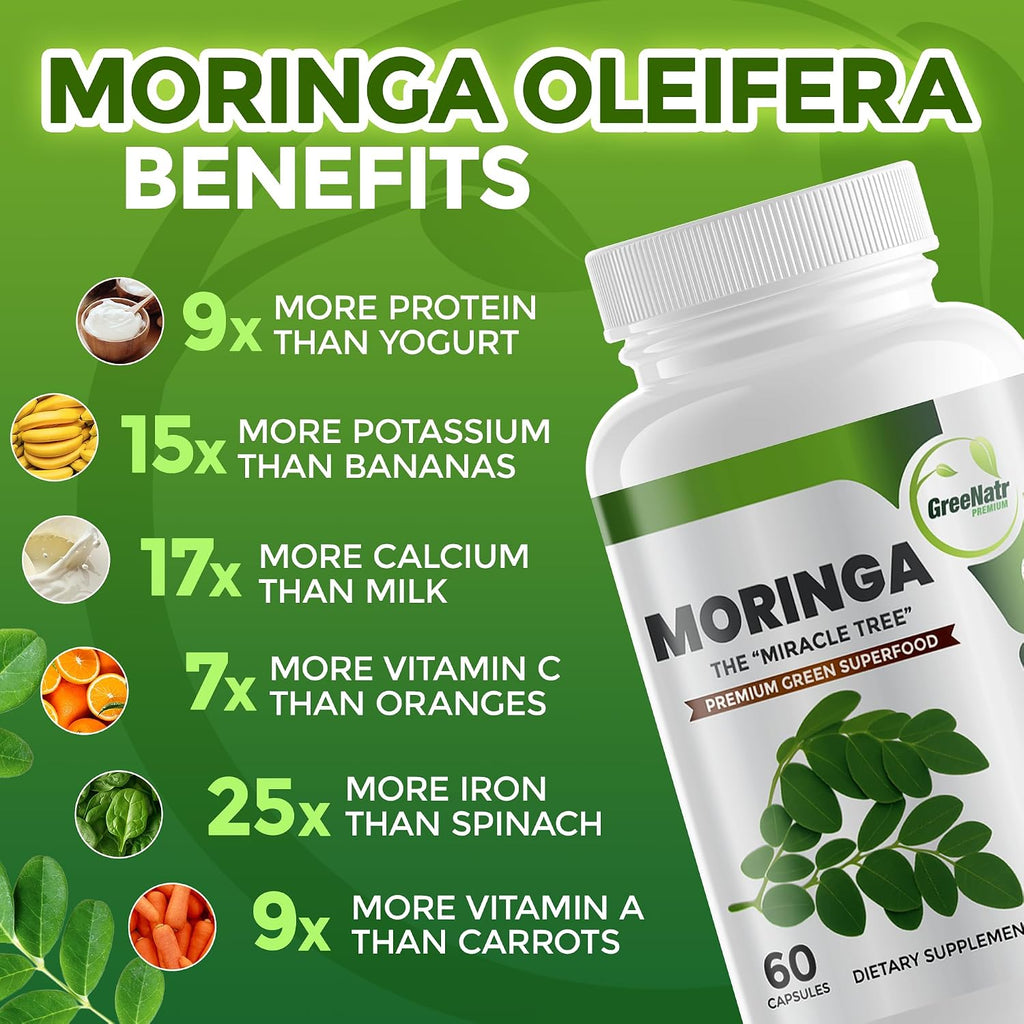 Cápsulas de Moringa Oleifera Pura - Superalimento Verde con Vitamina C, Omega 3 y Aminoácidos - 60 Cápsulas