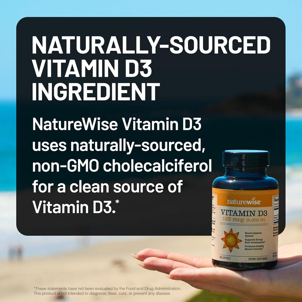 NatureWise Vitamin D3 5000 IU (125 mcg) – 200 Softgels with Organic Extra Virgin Olive Oil