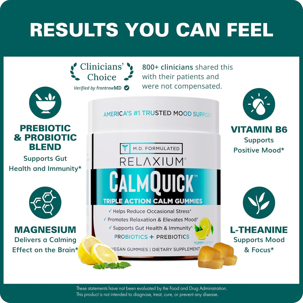 Relaxium Calm Gummies - Gominolas para la Calma, Salud Intestinal y Apoyo Inmune, con Vitamina B6, Magnesio, L-Teanina y Prebióticos, Sabor Limón, 60 unidades