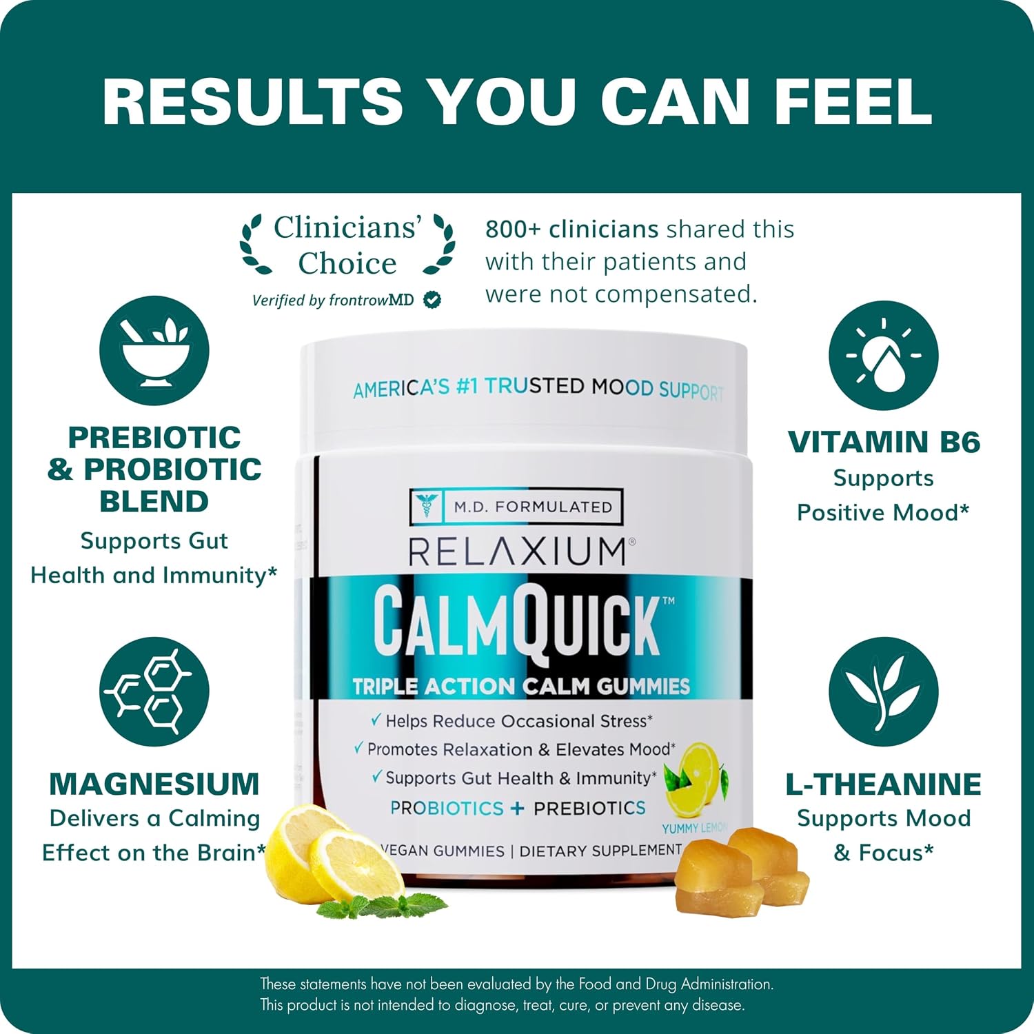 Relaxium Calm Gummies - Gominolas para la Calma, Salud Intestinal y Apoyo Inmune, con Vitamina B6, Magnesio, L-Teanina y Prebióticos, Sabor Limón, 60 unidades
