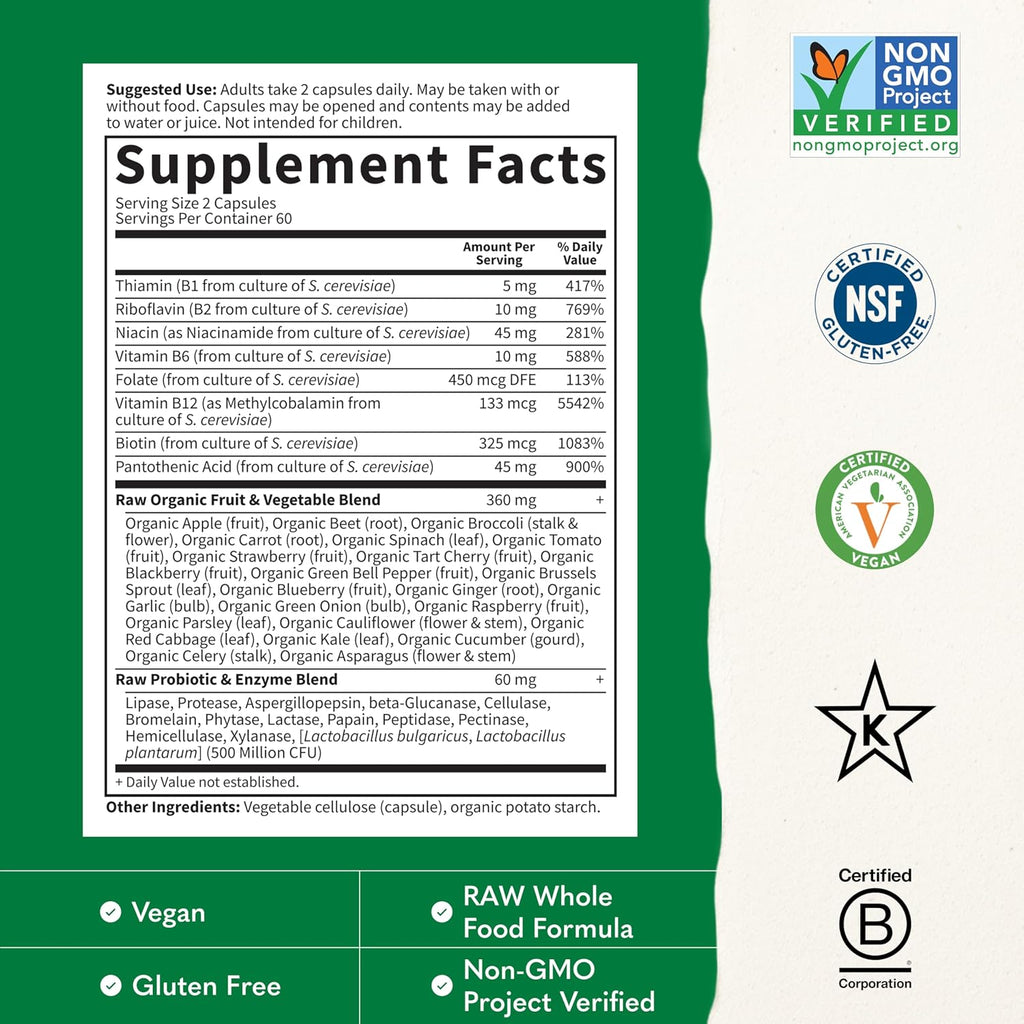 Garden of Life Complejo B, 120 Cápsulas Veganas, Alta Potencia para Energía y Metabolismo con B6, Folato y B12 como Metilcobalamina más Probióticos