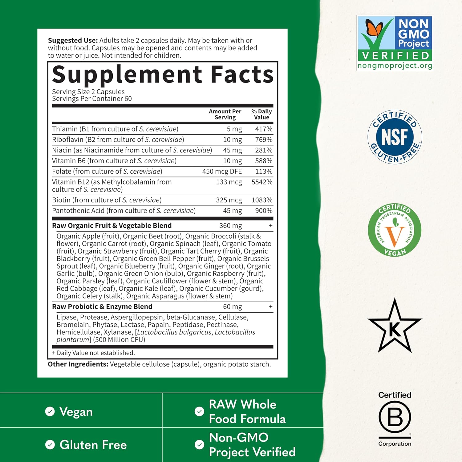 Garden of Life Complejo B, 120 Cápsulas Veganas, Alta Potencia para Energía y Metabolismo con B6, Folato y B12 como Metilcobalamina más Probióticos