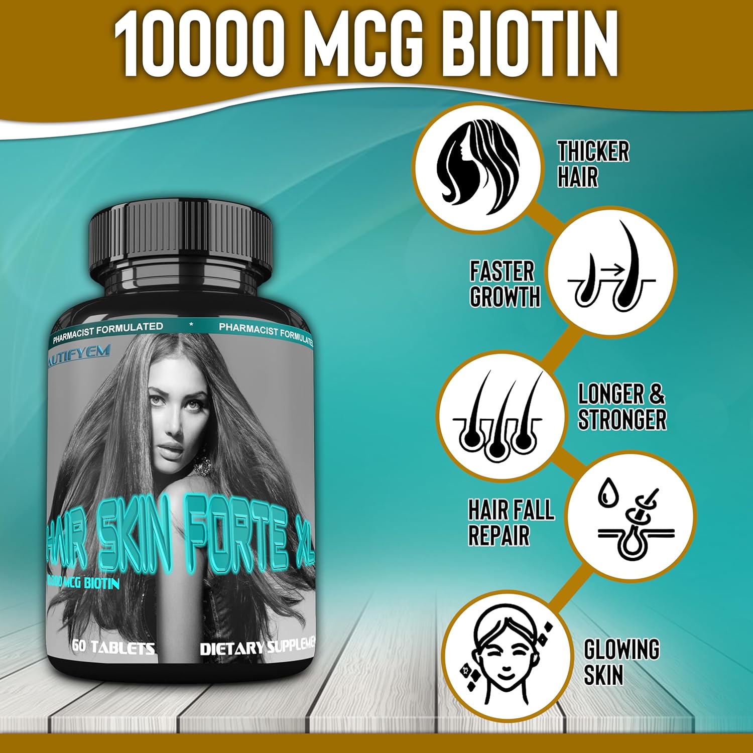 Hair Skin Forte XL - Complejo de Crecimiento para Cabello y Piel con 10.000 mcg de Biotina + Péptidos de Colágeno, 60 Comprimidos