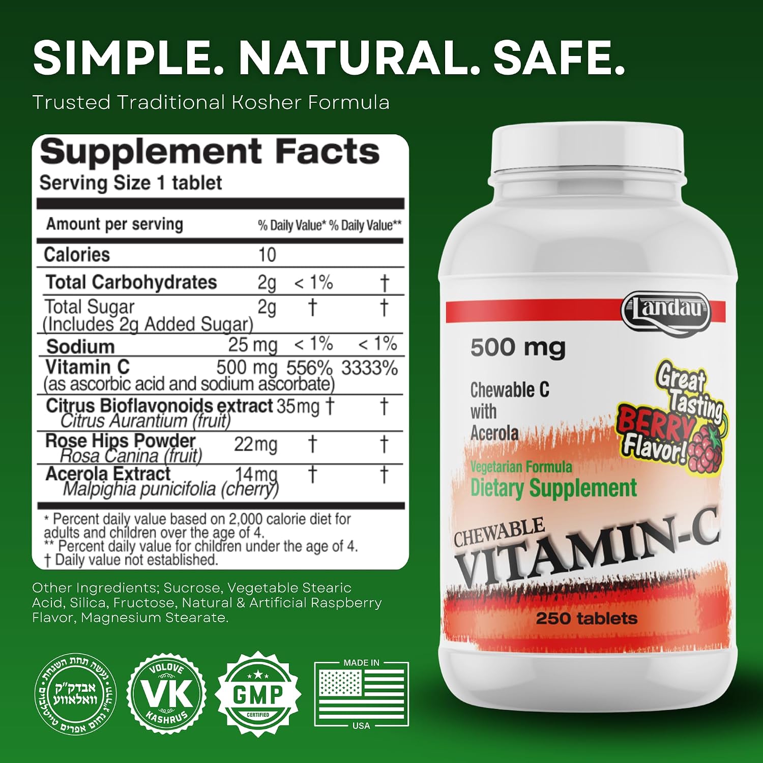 LANDAU 500 mg Vitamina C Masticable con Acerola para Niños y Adultos – Suplemento de Vitamina C – Kosher y Fabricado en EE. UU. – Delicioso Sabor a Bayas, 250 Comprimidos