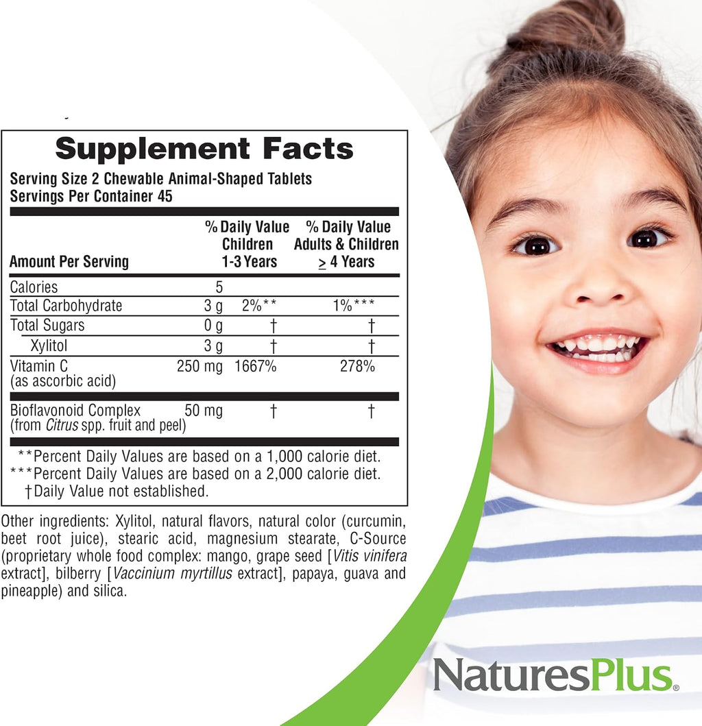 NaturesPlus Animal Parade Vitamina C sin Azúcar para Niños - Pack de 2 (180 comprimidos masticables)