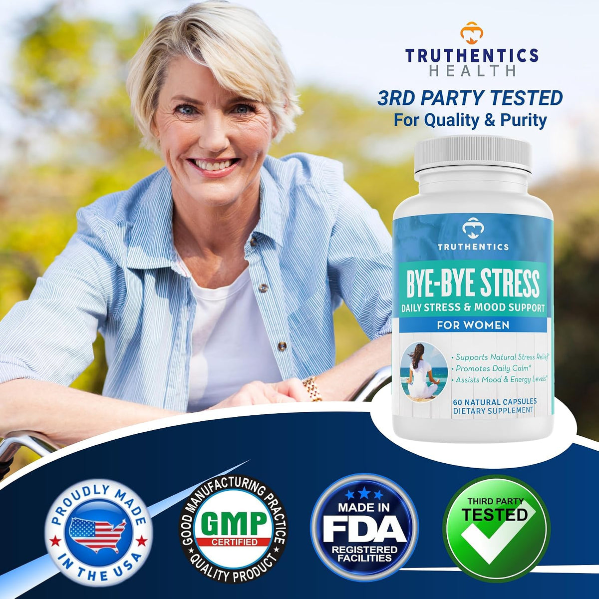 TRUTHENTICS Bye-Bye Stress - Suplemento para el Estrés y el Estado de Ánimo para Mujeres con Ashwagandha, GABA, Melisa, L-Teanina y Complejo B - Vegano - 60 Cápsulas - görsel 6