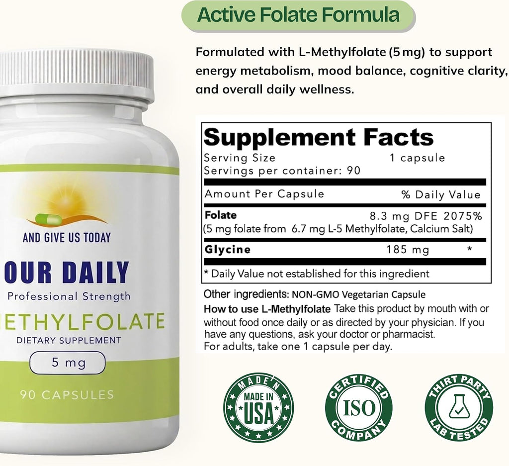 Our Daily Vites L-Metilfolato 5mg – Metilfolato Activo 5-MTHF, 90 Cápsulas