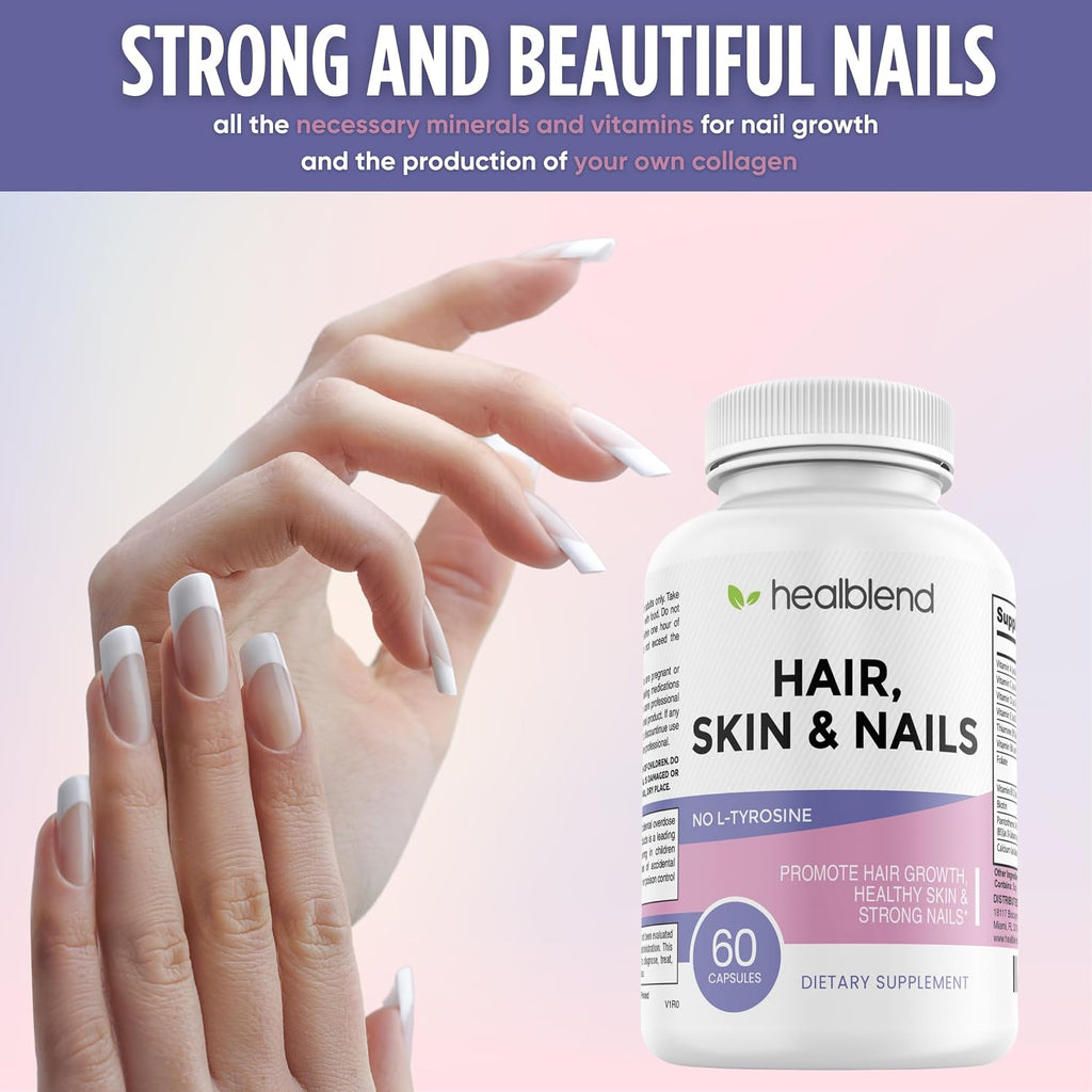Healblend Vitaminas para Cabello, Piel y Uñas - Biotina 5000 mcg, Hierro y Manganeso - 60 Cápsulas Veganas