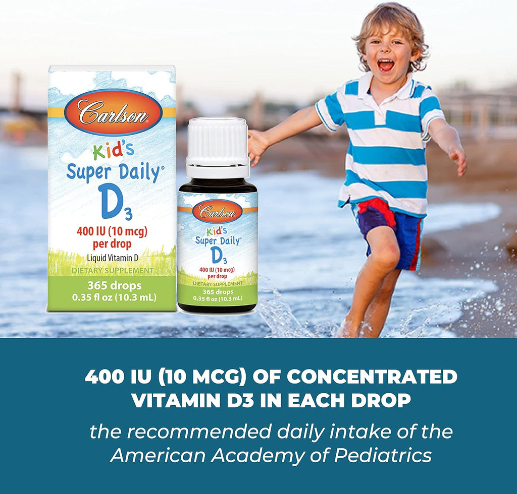 Carlson Kid's Super Daily D3 - Gotas de Vitamina D3 para Niños, 400 UI, 365 Gotas