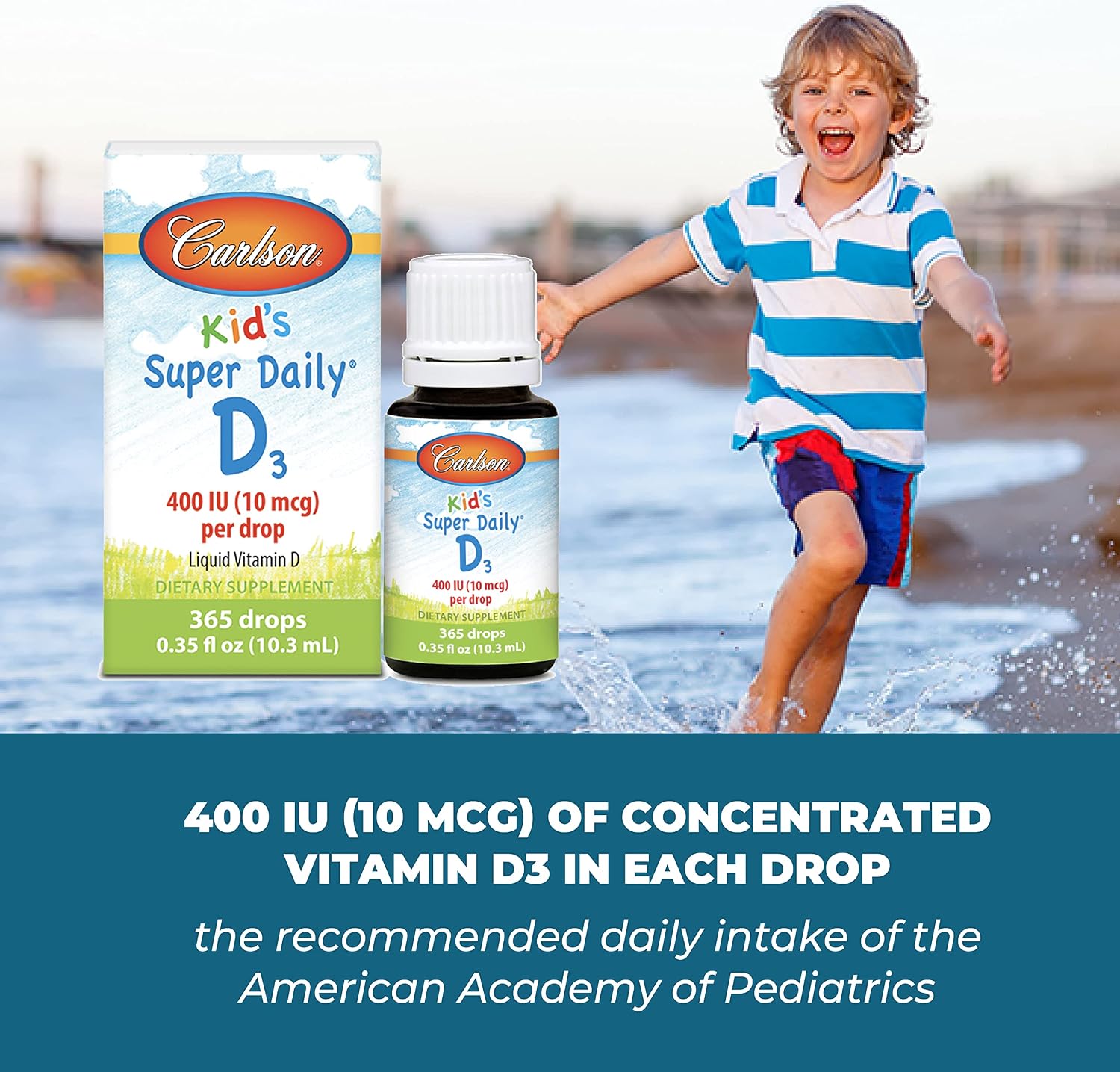 Carlson Kid's Super Daily D3 - Gotas de Vitamina D3 para Niños, 400 UI, 365 Gotas