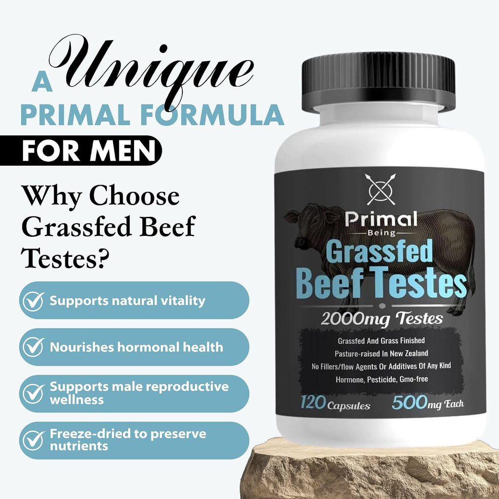 Primal Being Cápsulas de Testículos de Res Alimentados con Pasto – Suplemento de Órganos para Hombres, Nueva Zelanda, 120 Cápsulas