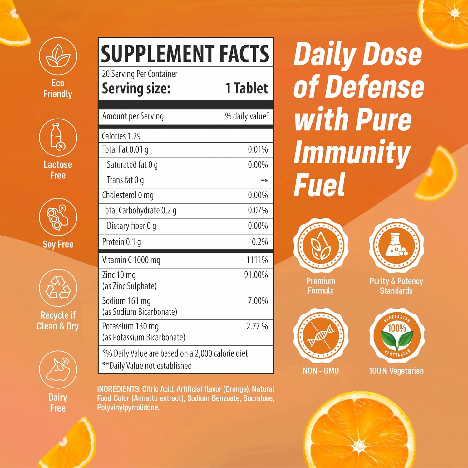Vitamin C 1000mg Effervescent Tablets - Con Zinc 10mg - Sin Azúcar - 20 Comprimidos