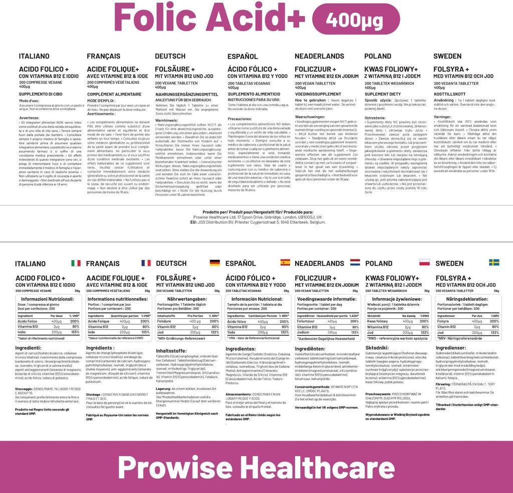Ácido Fólico 400 mcg - 400 Comprimidos Veganos de Vitamina B9 | Cuidado del Embarazo | Hecho en Reino Unido – Prowise