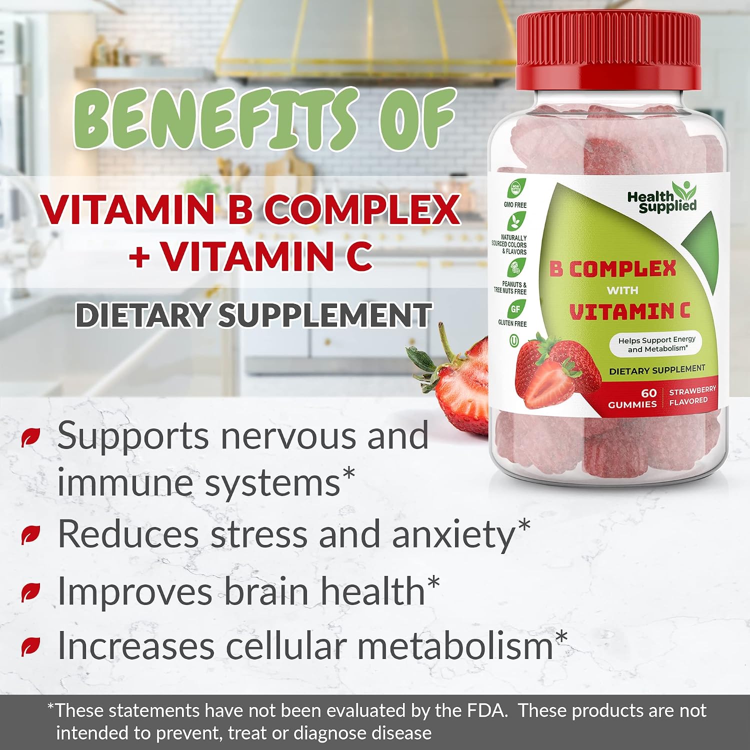 Health Supplied Gominolas de Complejo B con Vitamina C, Sabor Fresa - 120 Gominolas (4 Meses)