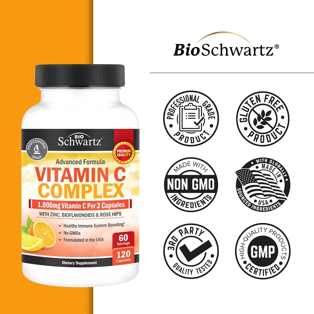 BioSchwartz Complejo de Vitamina C - 1000 mg con Escaramujo, Zinc y Bioflavonoides Cítricos, 120 Cápsulas