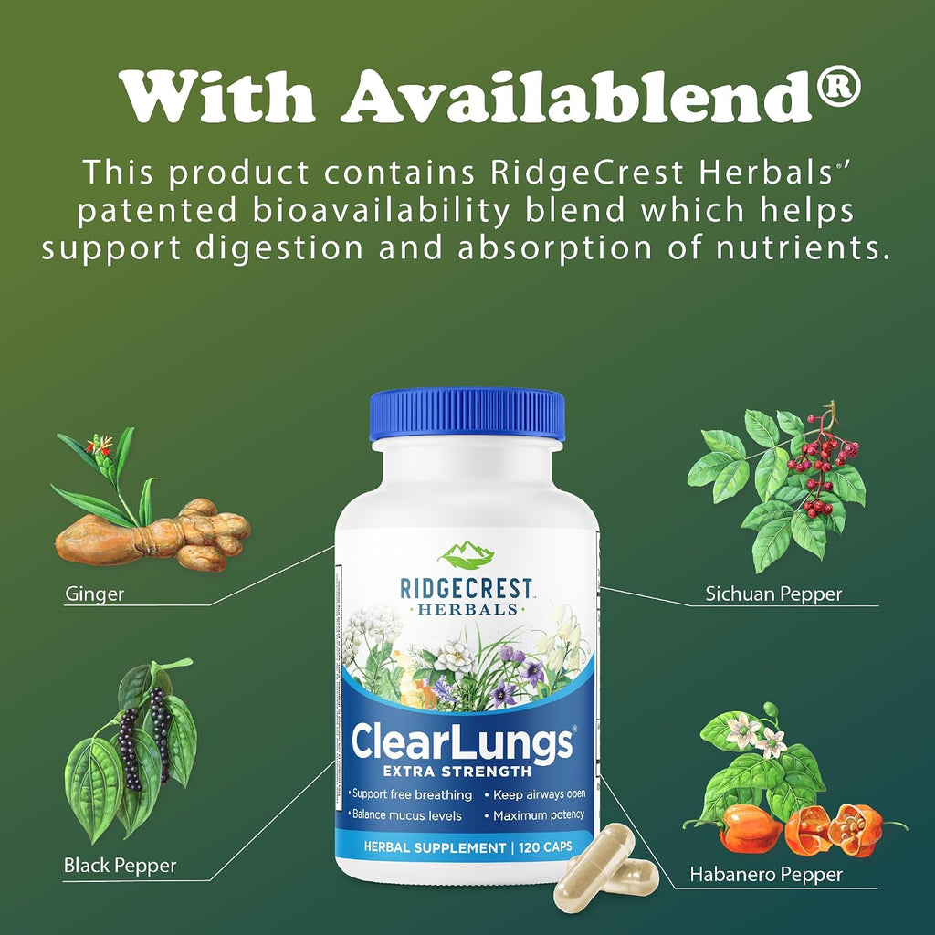 RidgeCrest Herbals ClearLungs Extra Strength - Complemento para el bienestar pulmonar y nasal - 120 cápsulas veganas (60 dosis)