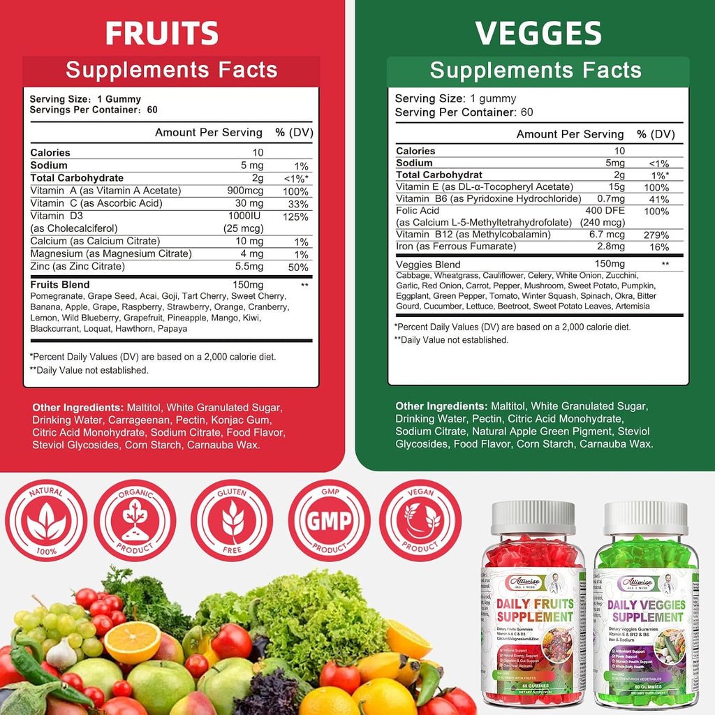 Alliwise Gominolas Multivitamínicas de Frutas y Verduras sin Azúcar - 120 uds.