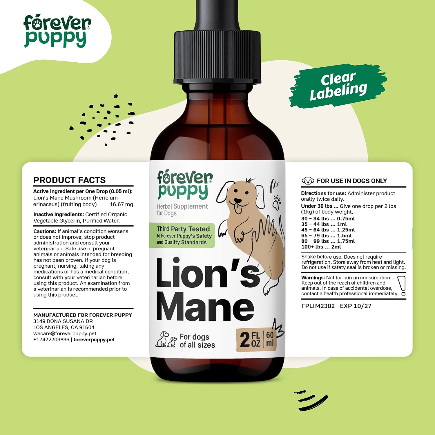 Forever Puppy Lion's Mane – Suplemento Líquido para Perros con Apoyo Cognitivo – 59 ml