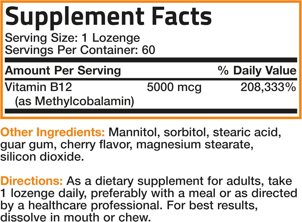 Bronson Methyl B12 5000 mcg - Metilcobalamina - 60 Comprimidos de disolución rápida