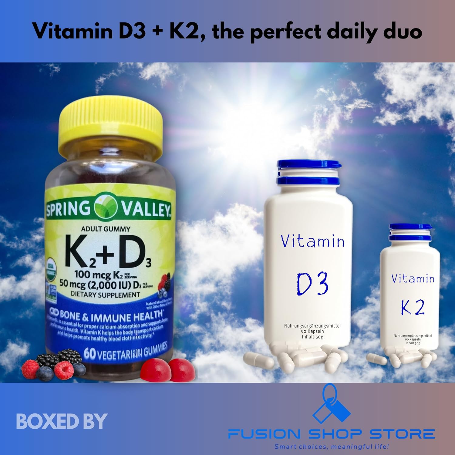 Vitamina D3 y K2 Gominolas 2000 UI + 100 mcg - 60 Gominolas Vegetarianas