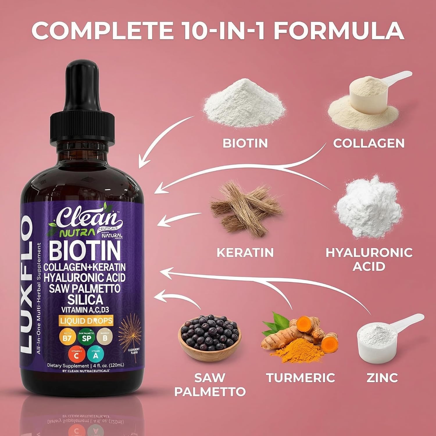 LuxFlo Biotina y Colágeno Líquido - Suplemento Completo para Cabello, Piel y Uñas