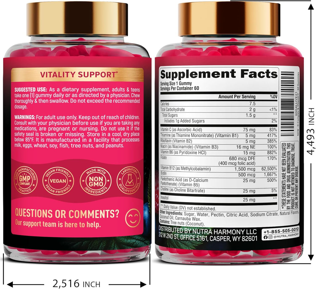 NUTRAHARMONY Complejo B Gominolas - Vitaminas B1-B12, C y Colina - 60 Gominolas Veganas Sabor Berry