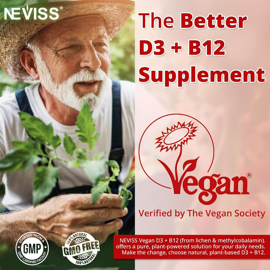 NEVISS 2Pack Gominolas Veganas de Vitamina D3 + B12, Alta Potencia D3 5000IU y 1000 mcg de B12 Metilada, para Adultos, Apoya la Salud Ósea, Inmunidad y Energía, 120 Unidades