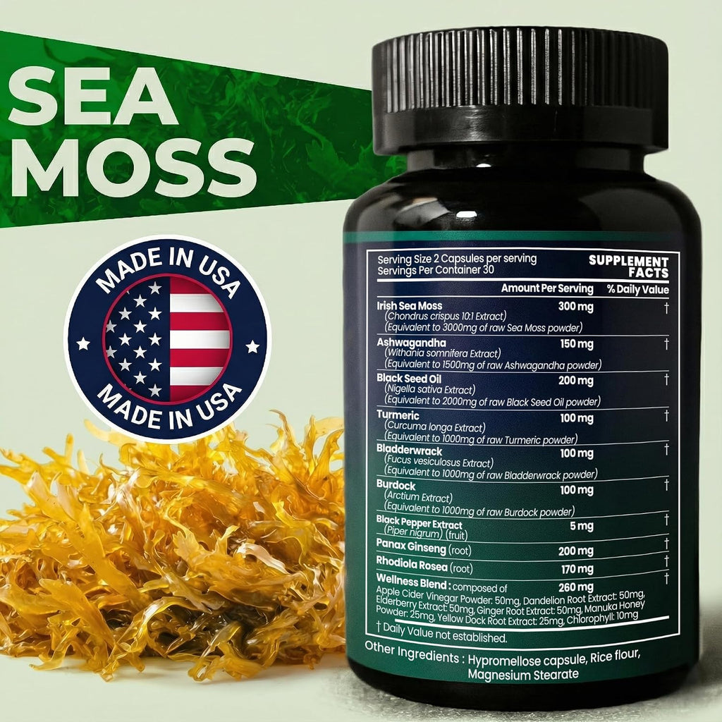 Sea Moss Black Seed Oil Ashwagandha Ginger - Cápsulas Avanzadas de Irish Sea Moss, Suplemento Todo en Uno con Seamoss, Black Seed Oil, Ashwagandha, Burdock Root, Bladderwrack