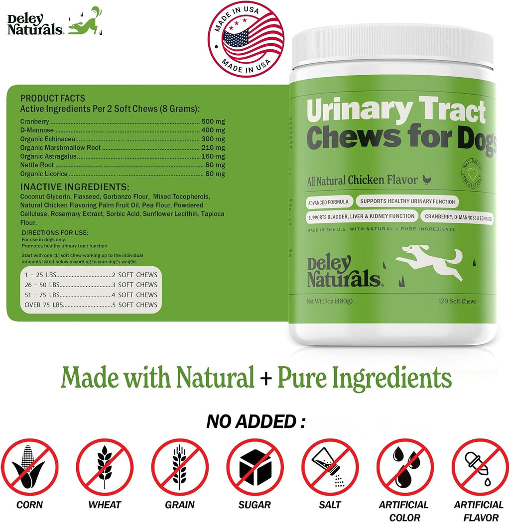 Deley Naturals Complemento Urinario para Perros - Snacks de Cranberry - Apoyo a la Vejiga y Salud Renal - 120 Snacks Sabor Pollo