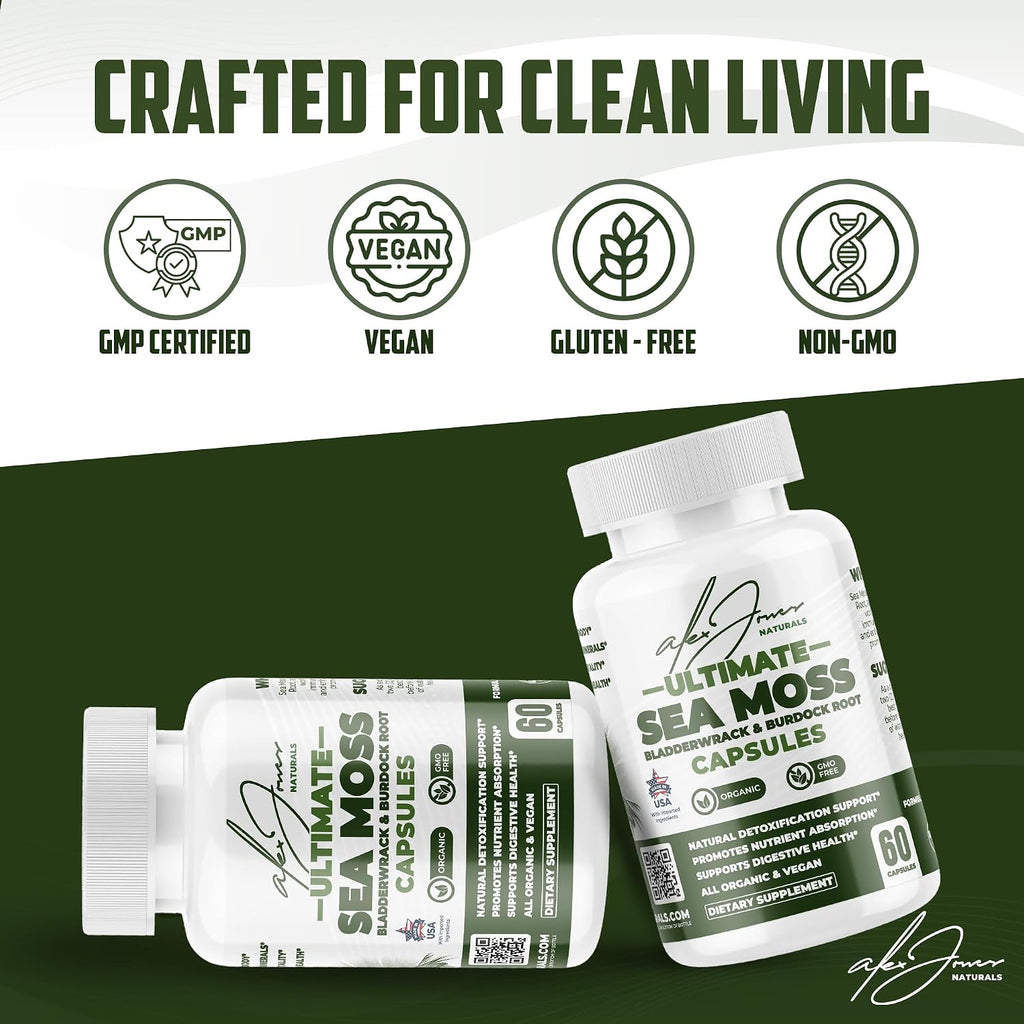 Alex Jones Ultimate Seamoss Capsules – Suplemento Vegano de Algas Marinas con Bladderwrack y Raíz de Bardana – Apoyo Inmunológico, Energía – 60 Cápsulas