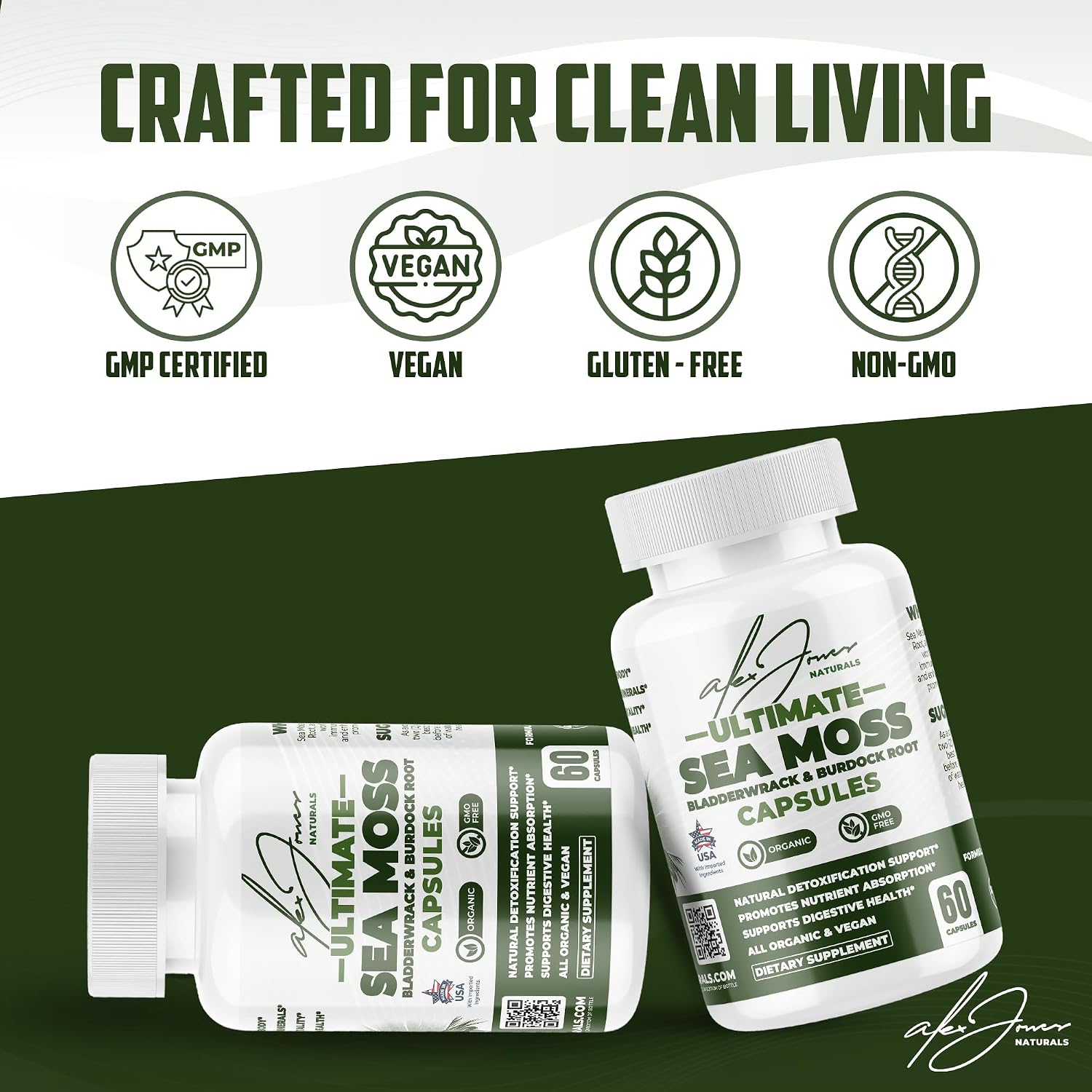 Alex Jones Ultimate Seamoss Capsules – Suplemento Vegano de Algas Marinas con Bladderwrack y Raíz de Bardana – Apoyo Inmunológico, Energía – 60 Cápsulas