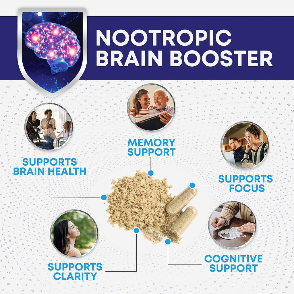 Brain Memory Supplement - 3X Strength Nootropics para Concentración y Claridad - 180 Cápsulas