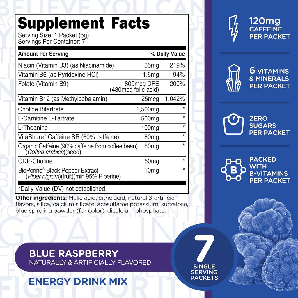 TransformHQ Boost Shot - Bebida en polvo con cafeína y vitaminas B, Blue Raspberry, 7 sobres