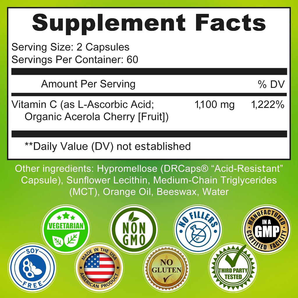 Vitamina C Liposomal 1100 mg con Acerola Orgánica – 120 Cápsulas Líquidas de Gel